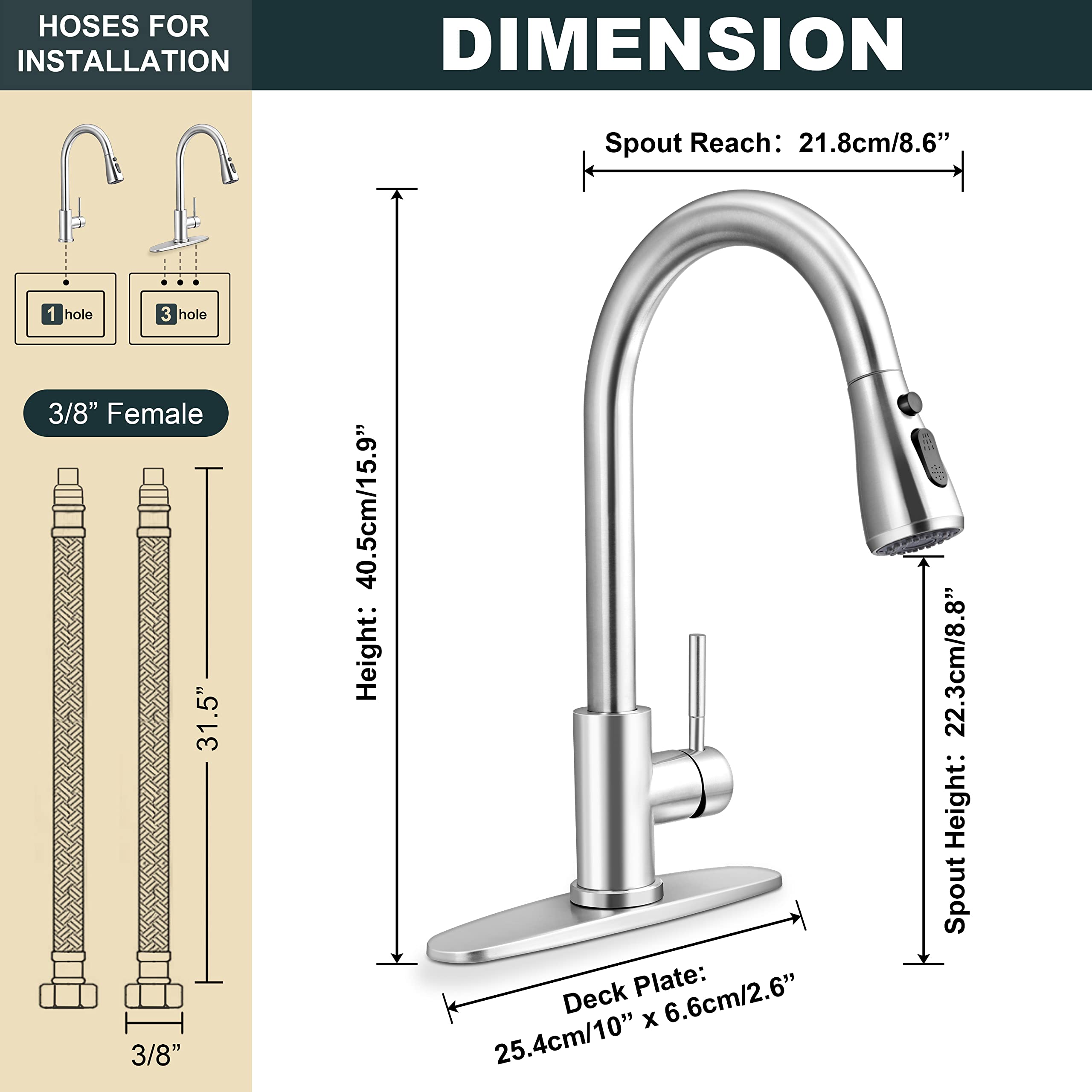 Herogo Kitchen Sink Faucet For 1 Hole Or 3 Hole, Brushed Nickel Stainless Steel Kitchen Faucets With Pull Down Sprayer & Deck Pl